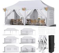 Pavillon pliable 3x6 m - Tente de réception Pop Up - Imperméable - UV50+ - HDPE avec revêtementPolyuréthane- Structure en aluminium - Avec toutes les parois latérales - Blanc