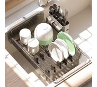 PAVSTINE Egouttoir Vaisselle en Plastique avec Porte Ustensiles, Gris | Égouttoir de cuisine, égouttoir pour petits espaces, égouttoir de cuisine compact, tige réglable pour éviers de 40,1 à 51,4