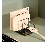PAVSTINE Support pour planche à découper avec bac d'égouttement, support de couvercle, tiroir avec 4 compartiments, support de couvercle de casserole, repose-cuillère, organiseur de cuisine pour