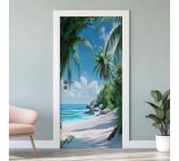 Paysage Côtier Autocollant Porte 3D Rocher Palmier Affiche Mer Plage Été Stickers Porte Poster de Porte PVC Auto-adhésif pour Salon Cuisine Chambre Salle de Bain 85x215cmW2k143