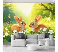 Paysage de Jardin Papier Peint Panoramique 3D 500L x 280H cm, Herbe Floral Animal Lapin Papier Peint Intissé - Vert Photo Fresque Murale Moderne Décoration pour Salon Chambre d'enfant Fond TV