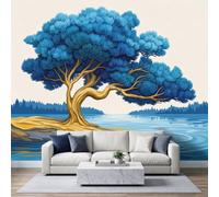 Paysage Impressionniste Papier Peint Panoramique 450L x 315H cm, Campagne Rustique Botanique Bronze Arbre Fresque Murale Papier Peint - Bleu Ciel Poster Murale pour Chambre à Coucher Salle de Jeu