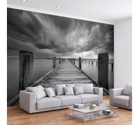 Paysage Naturel Papier Peint Panoramique 450L x 315H cm, Vintage Noir Blanc Jetée Rustique Nuage Fresque Murale Design pour Chambre Bureau - Salle de Jeu Papier Peint Panoramique Facile à Poser