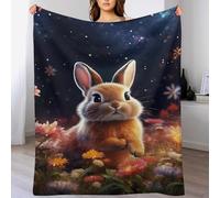 PAZZK Lapin à Fleurs étoilées Plaid Couverture Polaire, Couverture en Flanelle Flannel Imprimée, Couverture Confortable Douce pour Lit, Sofa Et Canapé-Lit（130×180cm）