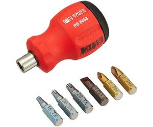 PB Swiss Tools Insider Stubby, support universel pour PrecisionBits C6 1/4", poignée courte SwissGrip avec aimant, avec chargeur d'embouts intégré pour 6 embouts PrecisionBits