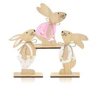 PBAHAUP 3 Lapins de Pâques Décoratifs en Bois, Décoration Lapin de Pâques en Bois à Poser, Présentoir Décoratif pour Pâques et Jardin, Design Mignon et Drôle