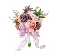 PciDinFo Bouquet de Mariée Roses Main Artificielles Soie Fleurs Ruban Élégant Décoration Accessoire Adapté Mariage Romantique Cérémonie Réception, Rose Violet