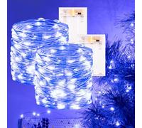 PCORES 2Pack Lumières de Fées Bleu Alimentées par Piles avec Minuteur, Étanchées 10m 100LED Guirlandes Lumineuses Intérieur Extérieur, Guirlandes de Cuivre pour Chambre, Noël, Fêtes, Mariages, Décorat