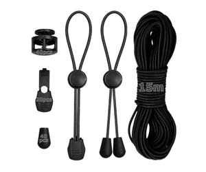 PDKKFF 15M Cordon Elastique 3mm, Corde élastique Rond Solide avec Bloqueur | Corde en Caoutchouc Noir avec 40 Bouchon de Cordon 20 Clips de Cordon 40 Bouchons de Cloche, pour Sac à Dos, Vêtements, Tente