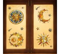 Peacoblue Autocollant Fenêtre protect-Collision, Vitrail Soleil Et Lune | 120x30cm, Décoration Vitre pour Fenêtres Verre, Sticker Décoratif Aide à Prévenir les Collisions d’Oiseaux Maison et Jardin