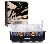 Peak Coffee Plateau Coulissant de Rangement 45 Capsules - Structure en Verre et Métal Noir pour Dosettes Machines à Café Nespresso Vertuo - 36x37x8,5 cm
