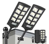 PEAKRO Lampadaire Solaire Extérieur LED 6500K avec Détecteur de Mouvement, IP65 Étanche Projecteur Solaire Lampadaire de Jardin Spot Solaire Éclairage Lumières de Sécurité avec Télécommande (lot de 2)