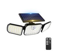 Peasur Lampe de sécurité solaire Extérieur avec Télécommande, 1 pièces projecteur mural étanche à énergie solaire avec détecteur de mouvement PIR, 3 têtes, étanche IP65, 3 modes