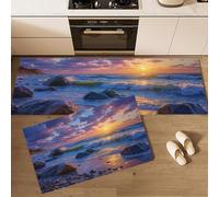 Pebble Beach Tapis de Cuisine, 2 Pièces Antidérapants et Lavables Tapis de Sol Coucher De Soleil Sur La Plage Tapis de Passage pour Couloir, Chambre à Coucher, Evier, 40x60cm+40x120cm Bleu-Violet
