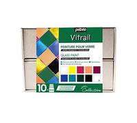 Pébéo - Coffret Collection Vitrail - Set de Peinture sur Verre - 10 Flacons de 45 ml - Couleurs Assorties + 2 tubes Cerne Relief 20 ml + 1 palette + 1 Pinceau éventail n°6 + 1 éponge + Guide Créatif