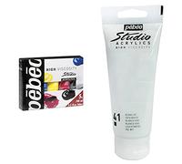 Pébéo - Kit de Peinture Acrylique Studio Primaires - 5 Tubes 100 ml & Tube Blanc Vif - Avec Pinceau