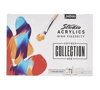 Pébéo - Studio Acrylics Coffret Collection - 12 Tubes Couleurs 20ml + Blanc de Titane 100ml + Modeling Paste + 1 Acrylic Marker Noir + 2 Pinceaux + 4 Couteaux à Peindre, 1 Palette, 3 Cartons Toilés