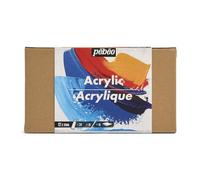 Pébéo - Studio Acrylics - Set 12 Tubes 20 Ml Couleurs Assorties + Accessoires - Kit de Peinture Acrylique pour Artiste et Débutant - Pinceaux + Spatule + Carton Toilé - Couleurs Lumineuses