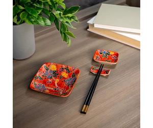 PECHINO LINE Set de 2 Assiettes et 2 petites coupelles avec baguettes et porte baguettes Décor orange WD Lifestyle