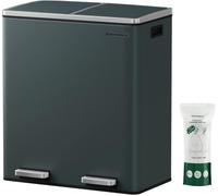 Pédaleuse - Conteneur de tri sélectif 2 x 30 litres - Acier - Couvercle à fermeture douce - 2 bacs intérieurs - Vert-gris