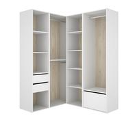 PEGANE Armoire d'angle Dressing Ouvert avec 2 penderies, 2 tiroirs, 9 Compartiments de Rangement et 1 Porte Chaussures - Hauteur 204,5 x Longueur 124 x Profondeur 144,5