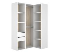 PEGANE Armoire d'angle Dressing Ouverte avec penderie avec Tringle, 9 étagères et 2 tiroirs, Coloris Blanc/Naturel - Hauteur 204,5 x Longueur 124 x Profondeur 84
