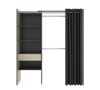 PEGANE Armoire Dressing en Bois mélaminé avec penderies, 1 tiroir et 1 Rideau Coloris chêne Naturel, Graphite - Longueur 160 x Profondeur 50 x Hauteur 205 cm