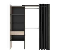 Armoire dressing extensible avec rideau + 1 tiroir coloris naturel-graphite - Longueur 110-160 x Hauteur 203 x Profondeur 50 cm