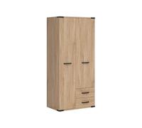 PEGANE Armoire Placard de Rangement 2 Portes et 2 tiroirs Coloris Frêne/Noir - Longueur 90 x Profondeur 56 x Hauteur 197,5 cm