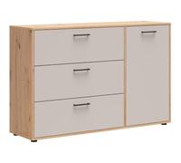 PEGANE Commode 3 tiroirs 1 Porte Meuble de Rangement Coloris Chêne Artisan/Cachemire - Longueur 134 x Profondeur 38 x Hauteur 86,8 cm
