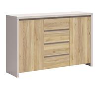 PEGANE Commode Meuble de Rangement 2 Portes et 4 tiroirs Coloris Cachemire/chêne mauvella - Longueur 144 x Profondeur 40,5 x Hauteur 92 cm