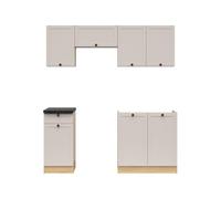 PEGANE Cuisine complète 180 cm,Ensemble de Meuble de Cuisine Coloris chêne Bernstein/Uni Cachemire, Plan de Travail Coloris Noir Inclus