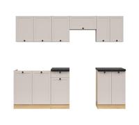 PEGANE Cuisine complète 240 cm,Ensemble de Meuble de Cuisine Coloris chêne Bernstein/Cachemire, Plan de Travail Coloris Noir Inclus