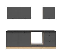 PEGANE Cuisine complète 240 cm,Ensemble de Meuble de Cuisine Coloris Chêne Bernstein/Graphite, Plan de Travail Coloris Ardoise Noir-Or