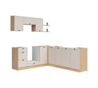 PEGANE Cuisine d'angle complète 200x220 cm, Meubles de Cuisine modulables Coloris chêne Bernstein/Uni Cachemire, Plan de Travail Non Inclus