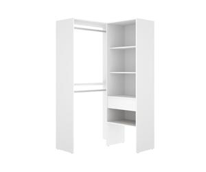 PEGANE Dressing d'angle Ouvert avec penderie à Double tringles, 1 tiroir et 4 étagères, Coloris Blanc - Hauteur 185 x Longueur 100 x Profondeur 88,4 cm