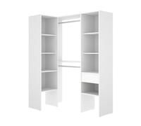 PEGANE Dressing d'angle Ouvert avec penderie à Double tringles, 1 tiroir et 8 étagères, Coloris Blanc - Hauteur 185 x Longueur 126,3 x Profondeur 79,4