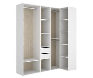 PEGANE Ensemble Dressing d'angle avec 2 tiroirs et Fond d'arrière réversible Coloris chêne Naturel, Blanc - Longueur 1825 x Profondeur 79 x Hauteur 205 cm