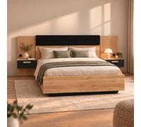 PEGANE Lit 160x200 sans sommier avec tête de lit rembourée + 2 chevets Coloris Chêne mauvella/chêne Tegola