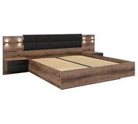 Lit coffre 180x200 + 2 tables de chevet avec éclairage LED avec sommier et rangement coloris Chêne marron foncé/Chêne noir - Longueur 206 x Profondeur 185-285 x Hauteur 42-98,5 cm