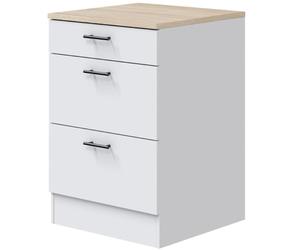 PEGANE Meuble Bas de Cuisine de 3 tiroirs avec Plan de Travail Coloris Blanc Brillant/chêne Canadien - Hauteur 90 x Longueur 60 x Profondeur 60 cm