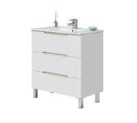 PEGANE Meuble de Salle de Bain 80cm avec 3 tiroirs sans poignée Coloris Blanc - Longueur 80 x Profondeur 45 x Hauteur 86 cm