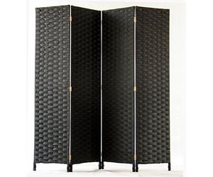 PEGANE - Paravent de 4 Panneaux Tressé en Fibres Synthétiques, Coloris Noir - Dim : H170 x L160cm
