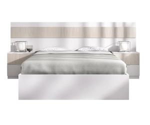 PEGANE Tête de lit + 2 Tables de Nuit avec 2 tiroirs + Structure de lit 140X190 Coloris Imitation lamelles, Blanc - Longueur 248 x Profondeur 195 x Hauteur 96 cm