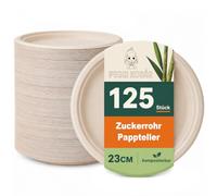 Peggikosar Lot de 125 assiettes en carton rondes en canne à sucre - 23 cm | Assiette de bagasse de canne à sucre de couleur naturelle, stable et résistante aux coupures, idéale pour les barbecues