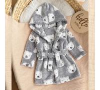 Peignoir à capuche en flanelle pour nouveau-né, pyjama de nuit unisexe pour bébé gris avec imprimé intégral d'ours blanc de dessin animé, fermeture à nouer, robe de chambre épaisse pour le bain et la