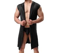 Peignoir à capuche longue pour homme - Tissu fin et léger - Grande taille - Chemise de nuit en soie - Avec taille - Sans manches - Confortable - Pyjama fin, Noir , XL