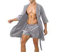 Peignoir court en soie pour homme - Bleu ciel - Col en V - Vêtement de maison confortable et doux - Léger - Long déshabillé respirant - Manches 3/4 - Chemise de nuit avec taille réglable, gris, XL