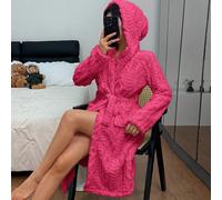 Peignoir de bain à capuche en jacquard d'oreille de blé confortable pour femmes avec ceinture et poches, moelleux pour l'hiver L,M,S,XLUnicoloreFlanelle