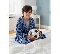 Peignoir de bain enfant garçon Unyqoos® Blue Docks, motif football, en polaire corail, avec capuche et poches, ceinture, couleur bleu, taille 152, 100% polyester